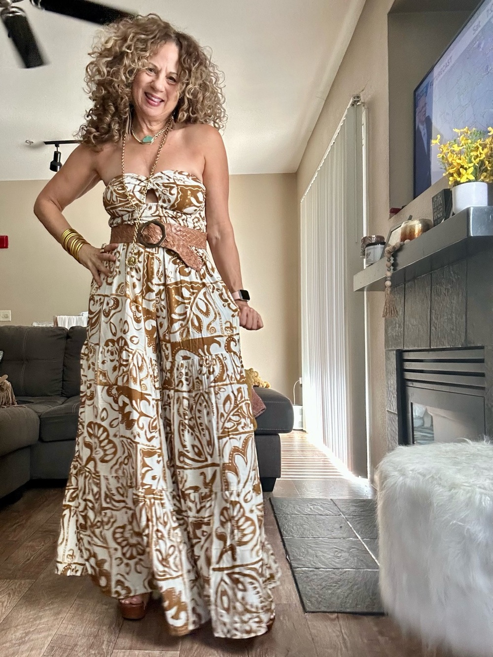 Strapless Boho Maxi Jumpsuit in White & Brown